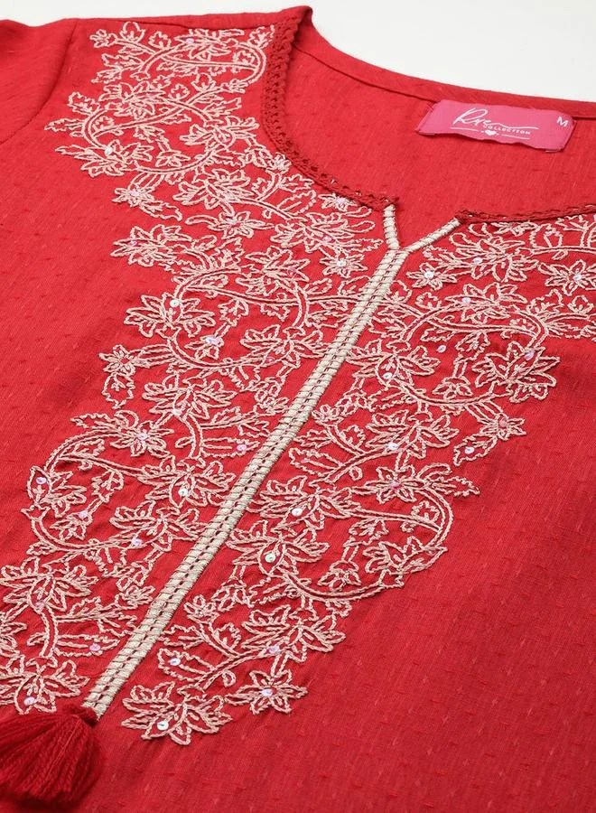 Rue Collection  Women Red Cotton Embroidered Kurta for Women | Best Price UAE